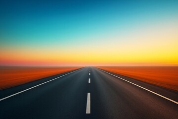 Fototapeta premium Long empty highway stretching into a vivid horizon under colorful dawn sky, symbolizing journey, future and clarity of creative mind background light. Ai generative