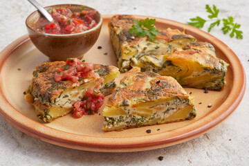 Green tortilla with tomato dip