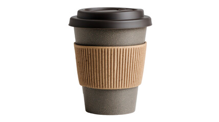 Reusable coffee cup with silicone lid and sleeve cleanly isolated on transparent background