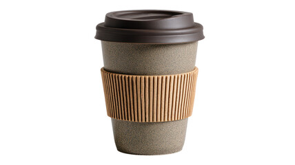 Reusable coffee cup with silicone lid and sleeve cleanly isolated on transparent background