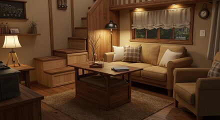 Cozy and Inviting Interior Living Room Design with Warm Lighting and Natural Wood Accents