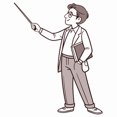 Cartoon man in glasses and suit holding a pointer stick and book male teacher