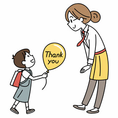 Child giving a yellow balloon with thank you text to a teacher on a white background Keywords: child, student, teacher, thank you, balloon, giving, present, appreciation, gratitude, education