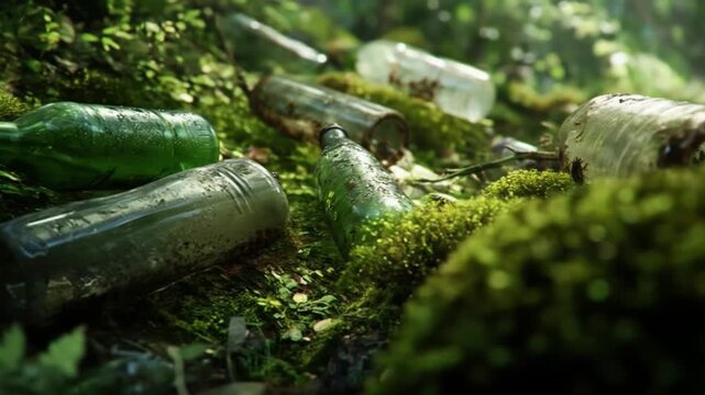 Litter of discarded bottles and cans on mossy forest floor
