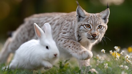 Lynx stalking white rabbit in a field. Predatory hunt in nature