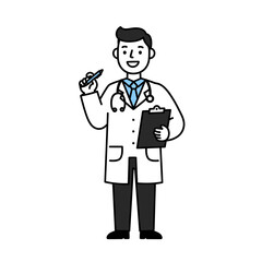 Cartoon Doctor with Stethoscope Holding Clipboard and Pen Smiling.
