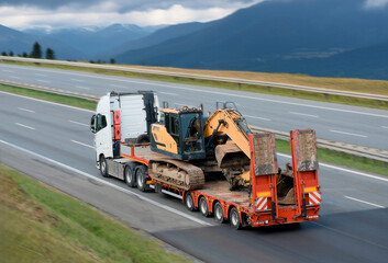 Heavy Machinery Equipment Transportation On Flatbed Trailer