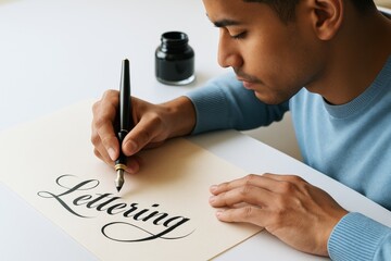 Man practicing calligraphy with fountain pen on paper as creative hobby on light background in artistic workspace setting. Ai generative. Ai generative