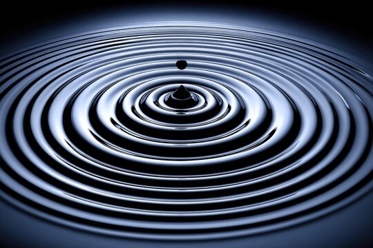 Dark liquid drop creates concentric ripples on a surface