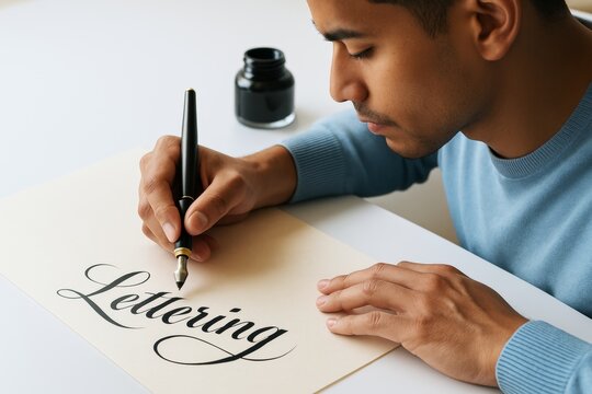 Man practicing calligraphy with fountain pen on paper as creative hobby on light background in artistic workspace setting. Ai generative. Ai generative