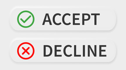 Check mark and cross mark symbols. Accept sign. Yes and No signs. Signs in green and red colored. Confirmation mark