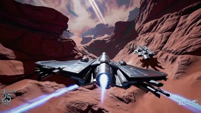 Armed interstellar vessels engaged in combat above the extraterrestrial terrain of the fourth planet from the sun