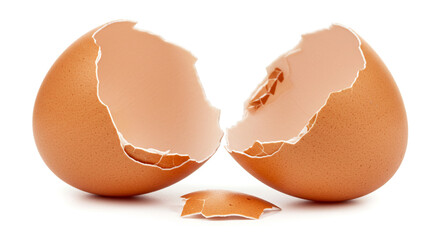 A close up of a cracked brown eggshell with two halves and a small piece on a white background