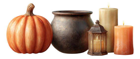 Autumn Decor with Pumpkin, Pot, Lantern, and Candles on Black Background