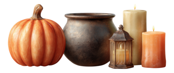 Autumn Decor with Pumpkin, Pot, Lantern, and Candles on Black Background