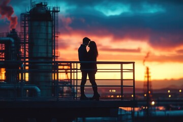 Silhouetted couple embracing at sunset overlooking an industrial landscape.