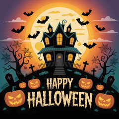 Eerie Halloween Night Cartoon with Haunted House, Bats, and Pumpkins, Featuring Happy Halloween Text, Perfect for Holiday Greetings