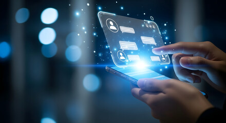 Close up of hands interacting with a futuristic holographic interface displaying user profiles and data visualization