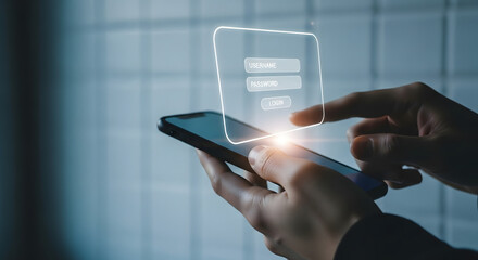 Close up of a person s hands holding a smartphone with a glowing digital interface projected above the screen