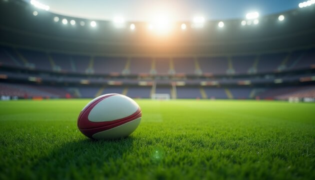 Rugby ball on green field in large stadium. Sport. Match.