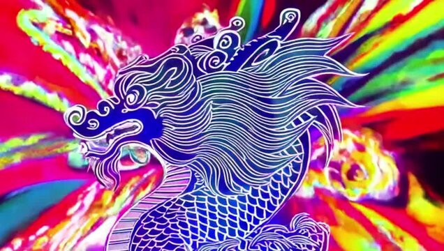 Light projections on a dragon's head create vibrant colorful patterns, atmosphere of festival and Eastern magic