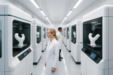 Scientists monitoring advanced 3D printing machines in a high-tech lab with modern equipment and white light background for creative industry use. Ai generative