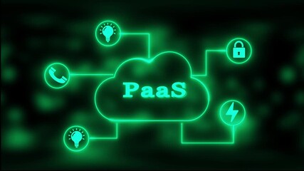 Neon Green Cloud Computing Diagram with Paa S and Icons for Security, Communication, and Growth PaaS