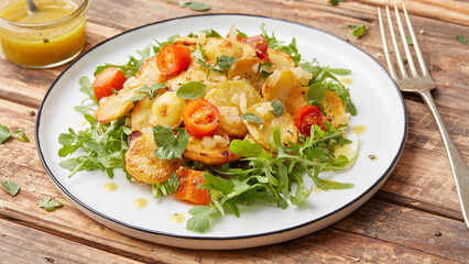 Herb roasted potatoes with arugula salad