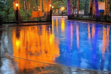 Obraz premium Reflective ice rink at twilight, vibrant colors