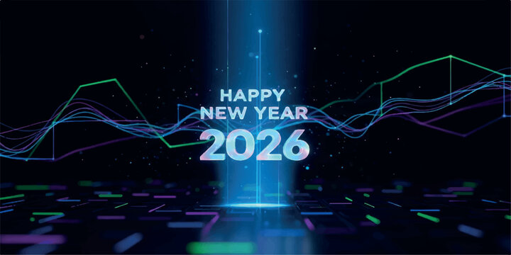 Abstract digital background with happy new year 2026 text, glowing blue light beam, and futuristic data streams - Powered by Adobe