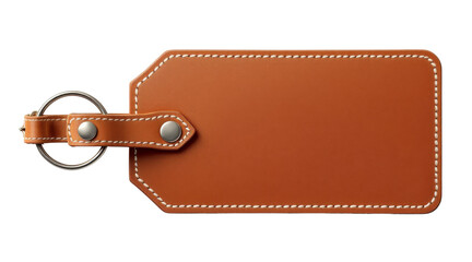 Brown Leather Luggage Tag with Metal Ring and Stitching Detail on white background