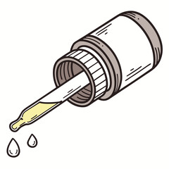 Illustration of a dropper bottle with yellow liquid and drops, , perfect for showcasing essential oils, serums, or other liquid treatments in a simple style