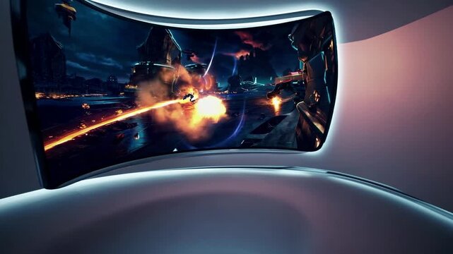 Advanced interactive entertainment system featuring curved visual display and specially designed input controllers