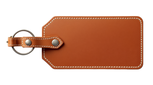 Brown Leather Luggage Tag with Metal Ring and Stitching Detail on white background
