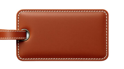 Brown Leather Luggage Tag with White Stitching on white background