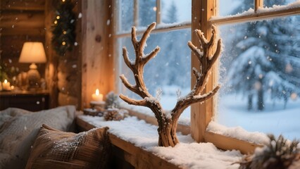 창가의사슴뿔나무장식과눈내리는겨울풍경