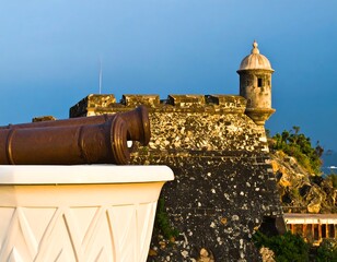 Old cannons in planter foreground, ancient stone fortress and watchtower background