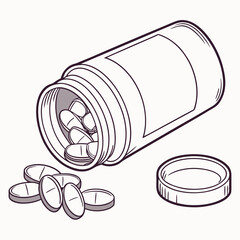 Illustration of an open medicine bottle with pills spilling out, , representing healthcare, medication, and pharmaceutical concepts