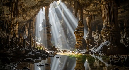 Sunlight Illuminates a Peaceful Cave Pool.