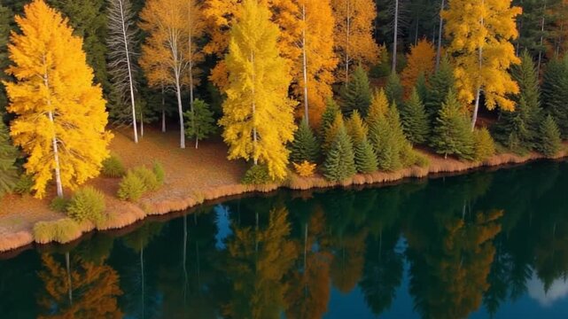 Aerial view of the pond and the bright autumn forest on its shore. Forest is reflected on the surface of the pond