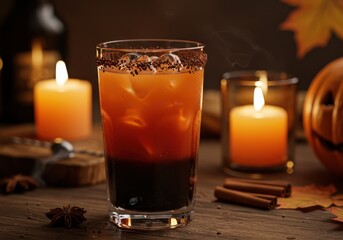 Cozy autumn drink with seasonal decorations, candles, and warm colors in a festive setting
