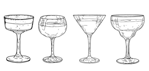 Elegant cocktail, martini or liqueur glasses, black and white sketch. Vector illustration. A set of dishes for a bar or a nightclub, isolated on a white background. for menus, recipes, packaging
