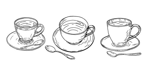 Porcelain mugs with tea, black and white ink sketch. Vector illustration. A set of coffee mugs and a spoon, isolated on a white background. The theme of cuisine, cooking, cafes and restaurants