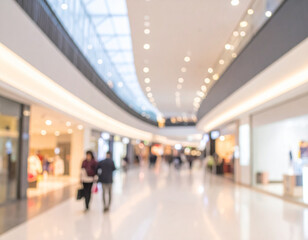 Blurred view of people walking in a modern shopping mall interior with bright lights