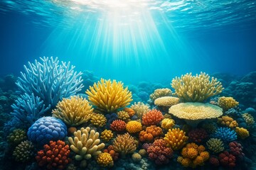 Fototapeta premium Vibrant coral reef landscape beneath ocean surface with sunlight rays illuminating colorful marine life in clear blue water background concept. Ai generative