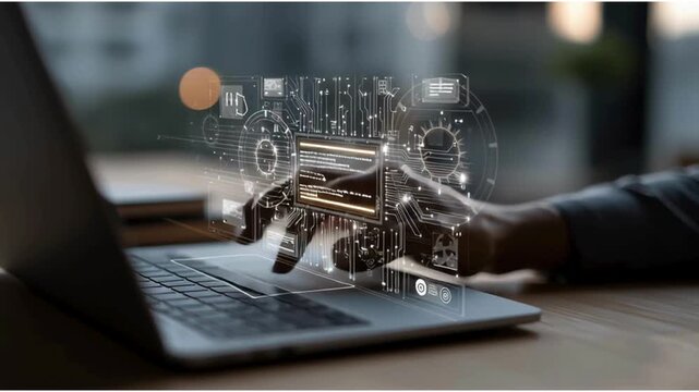 Hand interacting with AI technology on laptop. Human-AI Collaboration on Digital Interface