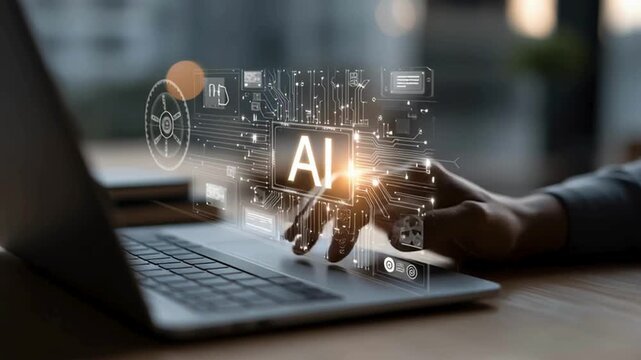 Person interacting with AI on laptop screen. Human-AI Collaboration on Digital Interface