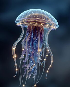 A luminous jellyfish gracefully gliding through water. Bioluminescent Jellyfish in Deep Ocean