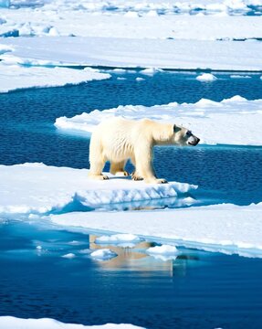 A polar bear walking on ice in a cold landscape. Polar Bear on Melting Ice. Symbol of Climate Crisis