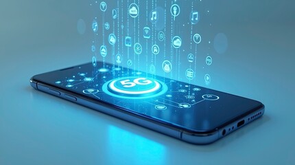 Futuristic smartphone reflective surface projecting a blue glowing holographic interface of 5G circle with different icon around it.